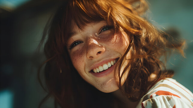 Young redhead woman smiling with freckles under sunlight