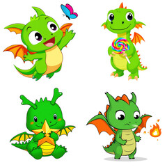 Naklejka premium Cute Cartoon Dragon Characters Set PNG Fantasy Baby Dragons Isolated on Transparent Background