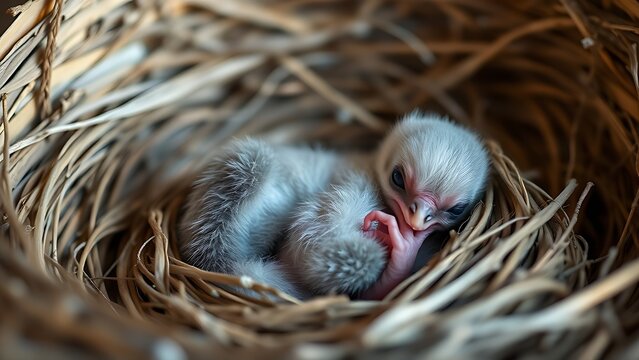 featherless. A featherless newborn hatchling curled in an empty nest, soft natural light. wildlife magazines, conservation campaigns, designed for wildlife conservation campaigns.