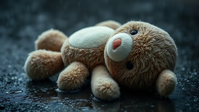 expropriated. A discarded plush toy lying in the rain with wet, matted fur, muted colors. lifestyle magazines, social media lookbooks, designed for lifestyle magazines and social media content.