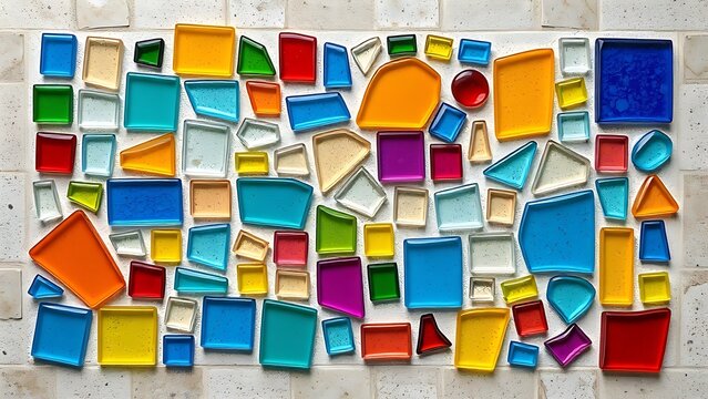 groaning. Colorful glass mosaic in geometric pattern on stone surface, top-down view. event programs, museum guides, designed for cultural heritage projects and event programs, preserves heritage.