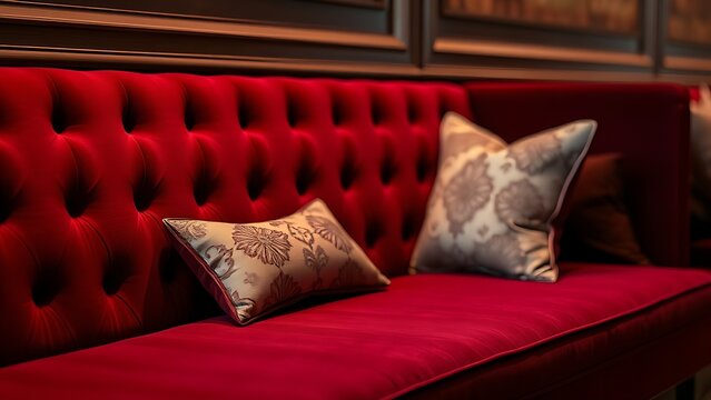 shamelessness. A plush wine-red velvet banquette with decorative pillows, soft ambient lighting. real-estate listings.