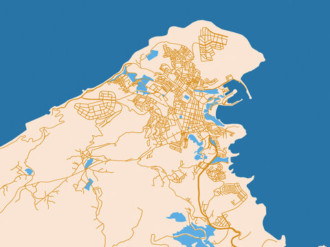 Urban map poster of Al Hoceima, Morocco &ndash; golden linework with blue water