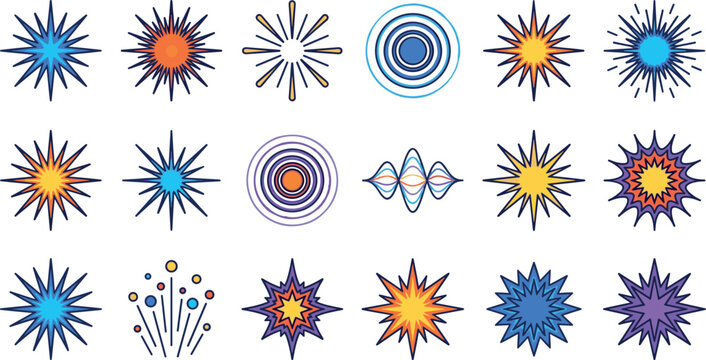 Vector Illustration of Colorful Explosion, Burst, and Energy Wave Effects for Dynamic, Action-Oriented Designs