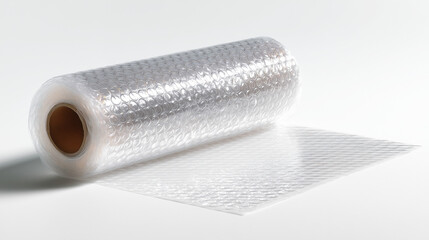 Fototapeta premium Transparent bubble wrap roll isolated on white background, protective packaging material with air cushions, ideal for shipping, storage, and fragile item protection.