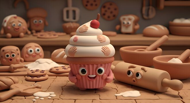 Whimsical clay cupcake characters with playful expressions in a charming bakery kitchen setting, sparking joy and culinary creativity for kids and adults alike.