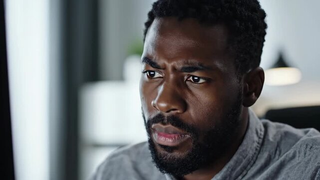 A focused and concerned Black man intensely staring at a computer screen, deep in thought