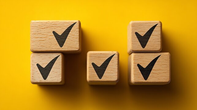 A group of wooden blocks with black checkmarks on a bright yellow background
