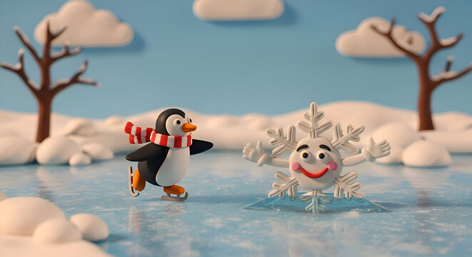Adorable clay penguin ice skating playfully with a cheerful snowflake character in a whimsical winter wonderland scene