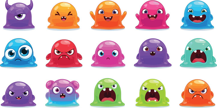 Cute slime monsters characters set with different emotions, colorful cartoon blobs collection for game design, stickers, kids illustrations and funny mascot elements