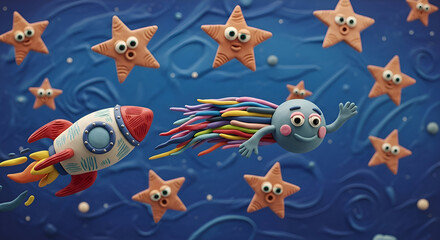 Obraz premium Whimsical clay rocket blasts off through a starry sky with a friendly comet creature on a playful cosmic adventure