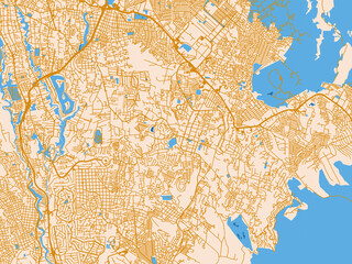 Fototapeta premium Cartographic city illustration of Jiutepec, Mexico — warm neutral map design featuring golden roads, pale cream land and bright blue water accents
