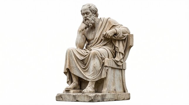 Ancient marble statue of a bearded Greek philosopher, perhaps Socrates, seated and lost in deep contemplation, embodying wisdom and intellectual inquiry from antiquity.