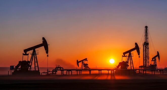 Oil Pump Jacks Silhouettes at Sunset