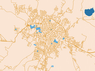 Naklejka premium Urban map poster of San Andres Tuxtla, Mexico with warm cream background with golden road lines and bright blue water in a clean flat cartographic style