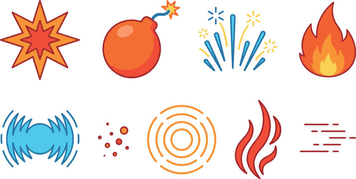 Vector Illustration of Explosive and Fiery Action Effects Including Bombs, Fireworks, and Flames for Dynamic and Action Themes