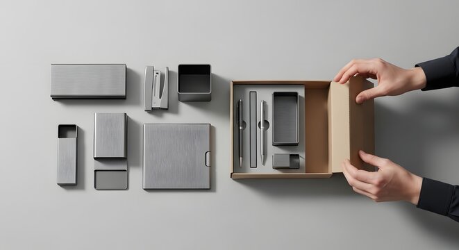 wooden and gray stone geometric shapes with tools in box for creative design