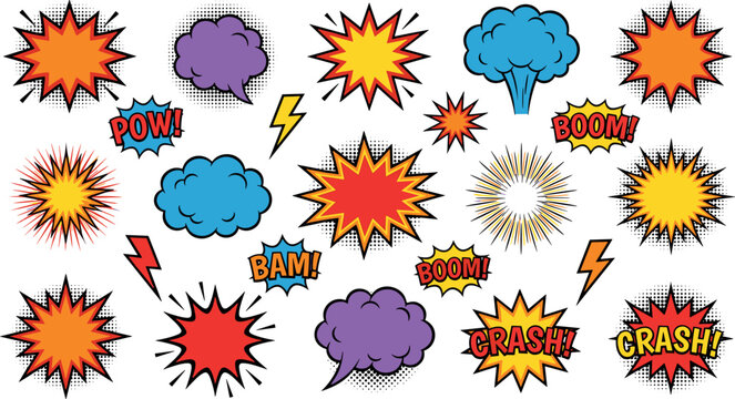 Vector Illustration of Comic-style Explosion Effects Including POW, BAM, CRASH, and More for Pop Art and Action Themes