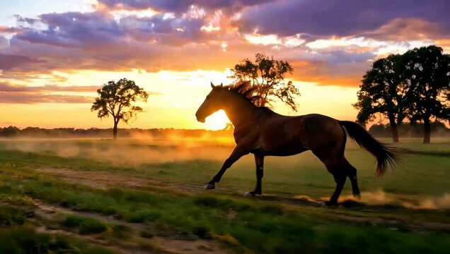 Sunset Horse Silhouette: A majestic horse gallops freely across a misty field under a breathtaking sunset, evoking feelings of freedom, grace, and the wild spirit of the countryside.