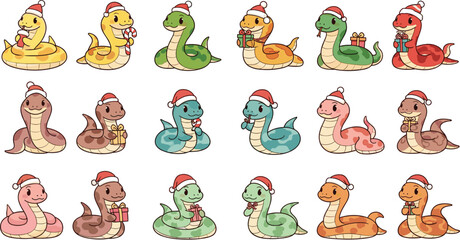 Fototapeta premium Cute snake characters set with Christmas hats and gifts, festive cartoon reptiles collection for holiday illustration, stickers, nursery decor and playful vector design