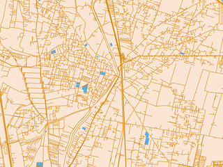 Fototapeta premium Cartographic city illustration of Teoloyucan, Mexico — warm cream background with golden road lines and bright blue water in a clean flat cartographic style