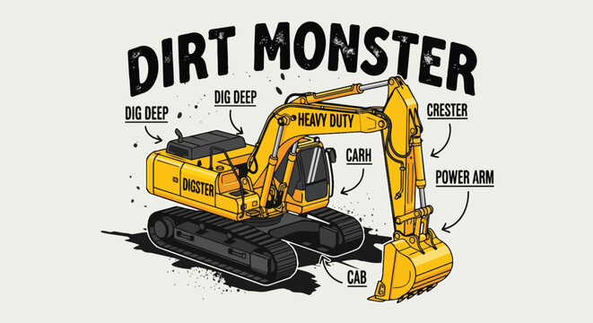 Modern Excavator with Detailed Markings against a Simple Background ideal for construction promotion, website illustrations, and promotional materials.