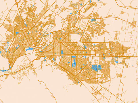 Urban map poster of Torreon, Mexico with soft ivory map base with ochre-gold streets and clear blue water shapes for crisp contrast
