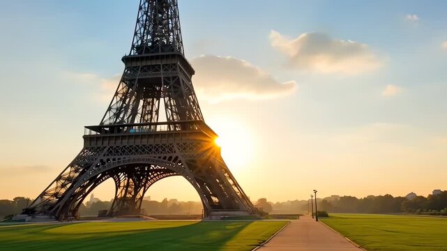 Eiffel Tower at Sunrise with Golden Sun Flares in Paris