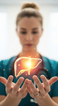 M&eacute;dica segurando modelo hologr&aacute;fico 3D brilhante de f&iacute;gado humano com fundo desfocado