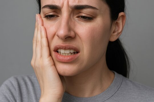 Mulher jovem brasileira com express&atilde;o de sofrimento segurando o rosto devido a uma forte dor de dente