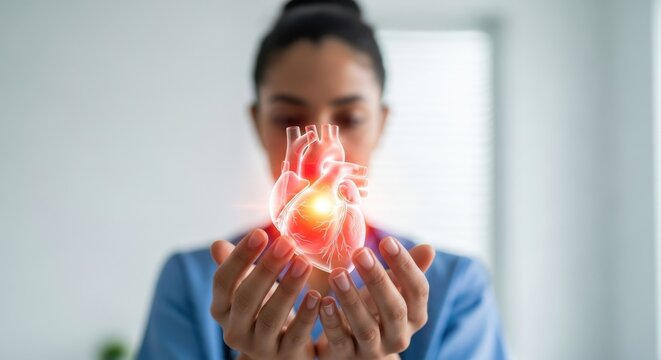 Close-up de m&atilde;os segurando um modelo hologr&aacute;fico 3D de cora&ccedil;&atilde;o humano vermelho brilhante com m&eacute;dica desfocada ao fundo.