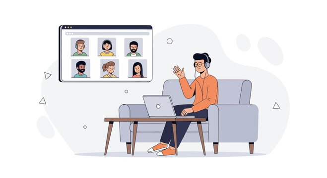 Man waving during online video conference call with colleagues from home