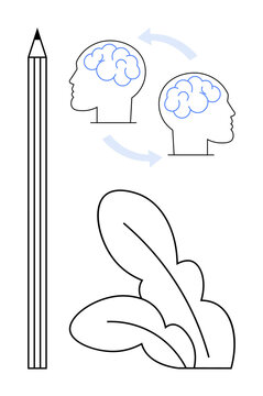 Creativity, learning process, design, education, innovation, knowledge exchange. A pencil beside two profiles with brain graphics exchanging ideas and abstract leaves. Creativity and learning concept