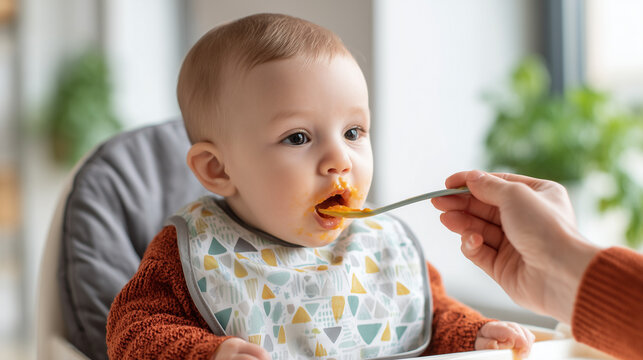 Baby being fed with spoon by parent, healthy nutrition and childcare concept, family bonding, infant care, and early childhood development.