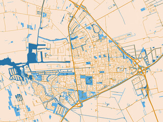 Obraz premium Cartographic city illustration of Drachten, Netherlands — warm cream background with golden road lines and bright blue water in a clean flat cartographic style