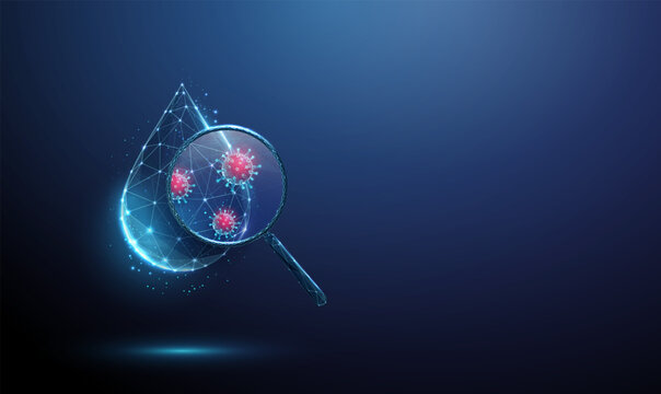 3d water drop under magnifying glass with viruses inside. Water contamination, infection risk, microbiological analysis, pathogen detection, water quality assessment concept
