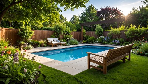 Serene backyard oasis with swimming pool and garden