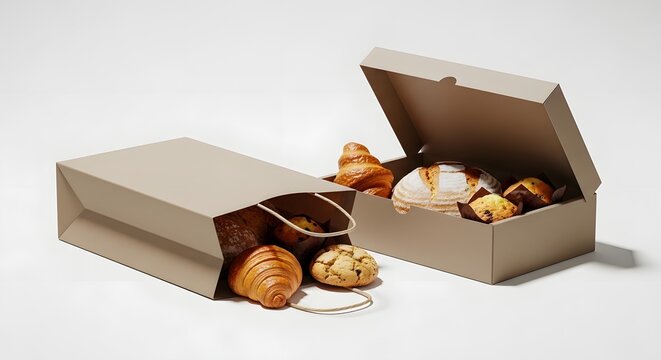 delicious assorted croissants and pastries in beige cardboard bakery box for takeaway