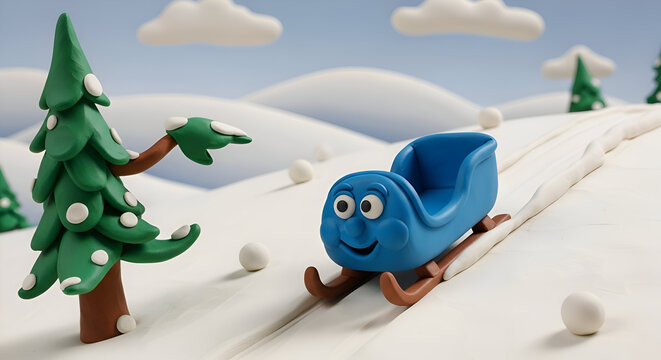 Whimsical blue claymation sleigh joyfully glides down a snowy hill, surrounded by playful trees and fluffy clouds, capturing winter wonder and childhood delight.
