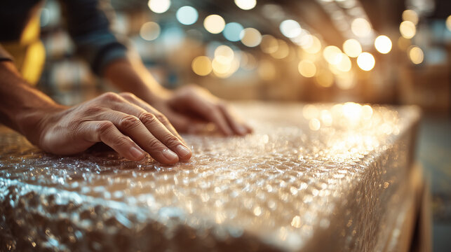 Close-up of hands sealing a package with transparent bubble wrap, showcasing careful packing, shipping preparation, and e-commerce logistics process.