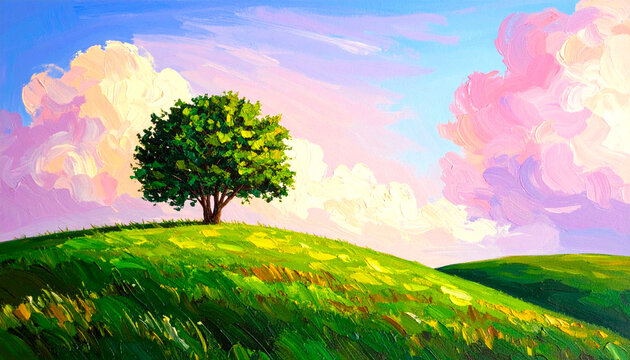 A tranquil tree on a rolling hill under a colorful sky