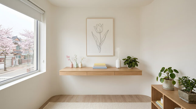 Minimalist home office with spring zoom background and cherry blossom window view