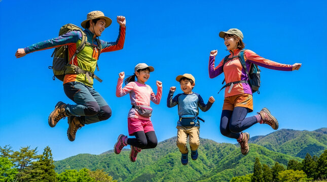 大自然の中をジャンプするアクティブな家族