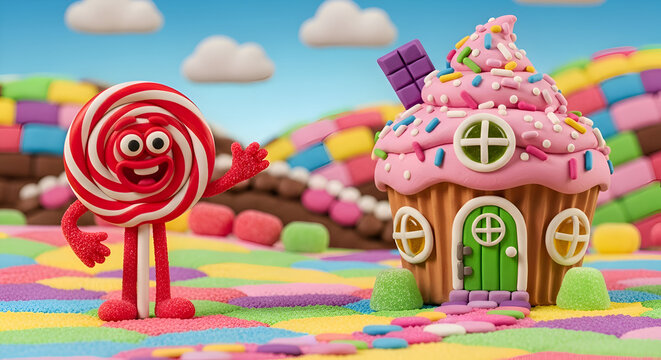 Whimsical candy land character with a cupcake house, inviting viewers to a world of sweet imagination and playful adventures.