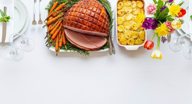 Easter ham and side dishes table.
