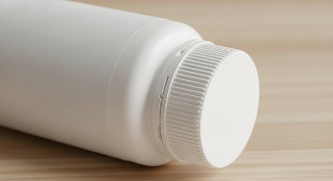 clean white plastic bottle with cap isolated on wooden surface for product display