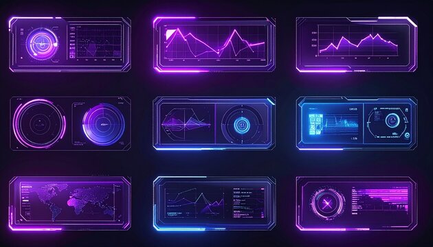 Glass holographic interface elements with purple neon glow on dark background