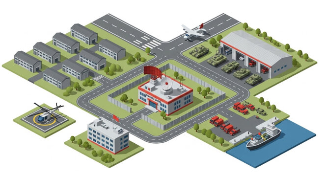 Isometric Military Base Illustration - Detailed Layout and Infrastructure.