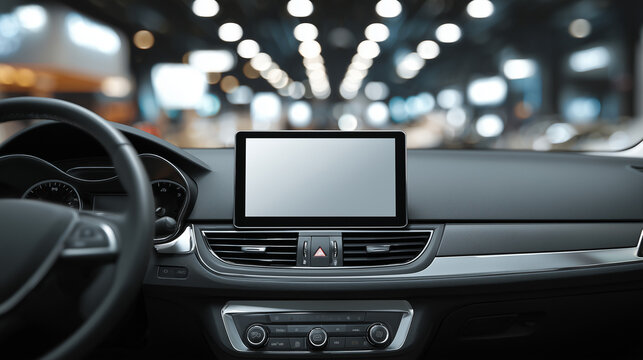 Modern car interior with blank touchscreen display, showcasing automotive technology, dashboard design, and digital interface in a contemporary vehicle.
