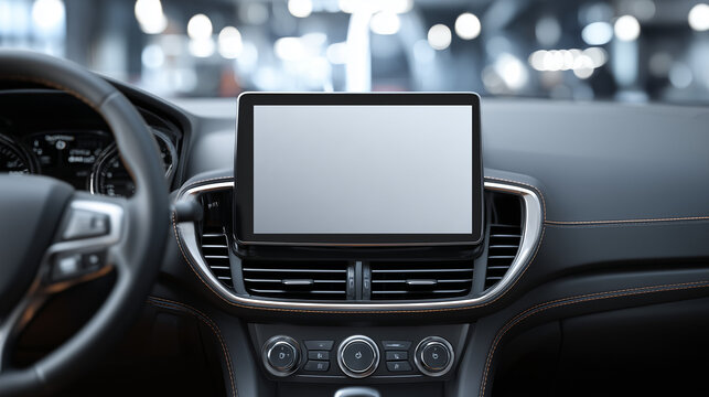 Modern car interior with blank touchscreen display, showcasing automotive technology, dashboard design, and digital interface in a contemporary vehicle.